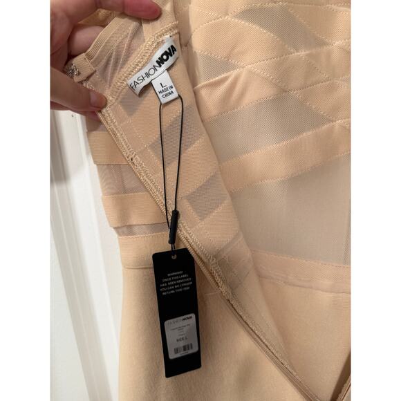 NWT! Fashion Nova L Cassidy Bandage Midi Dress Sheer Bodycon Sexy Nude Cream - Picture 8 of 10